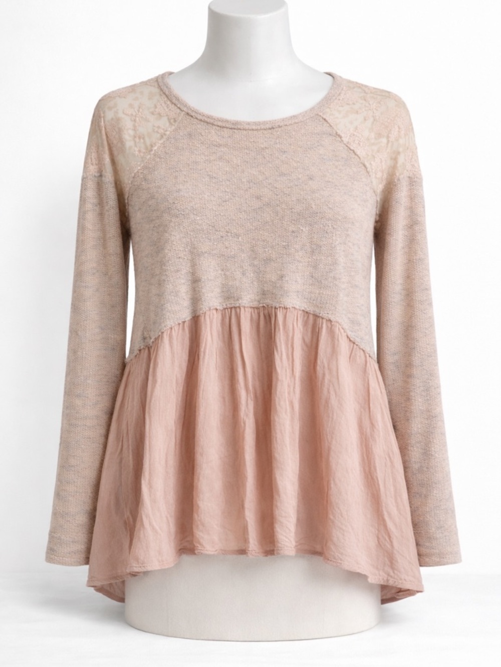 Altered State Boho Lace Knit Peplum Blouse Pink Beige Small